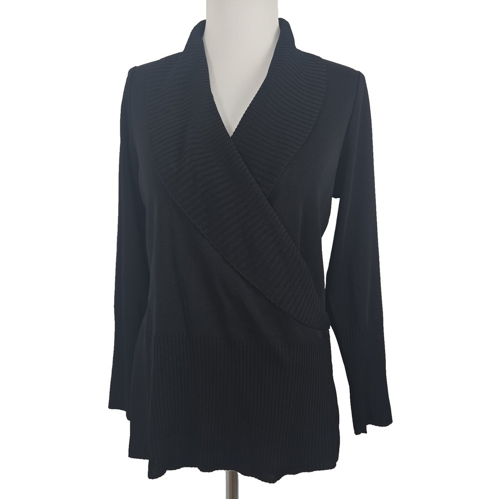 Misook Black Ribbed Knit Wrap Sweater‎ Top XS EUC